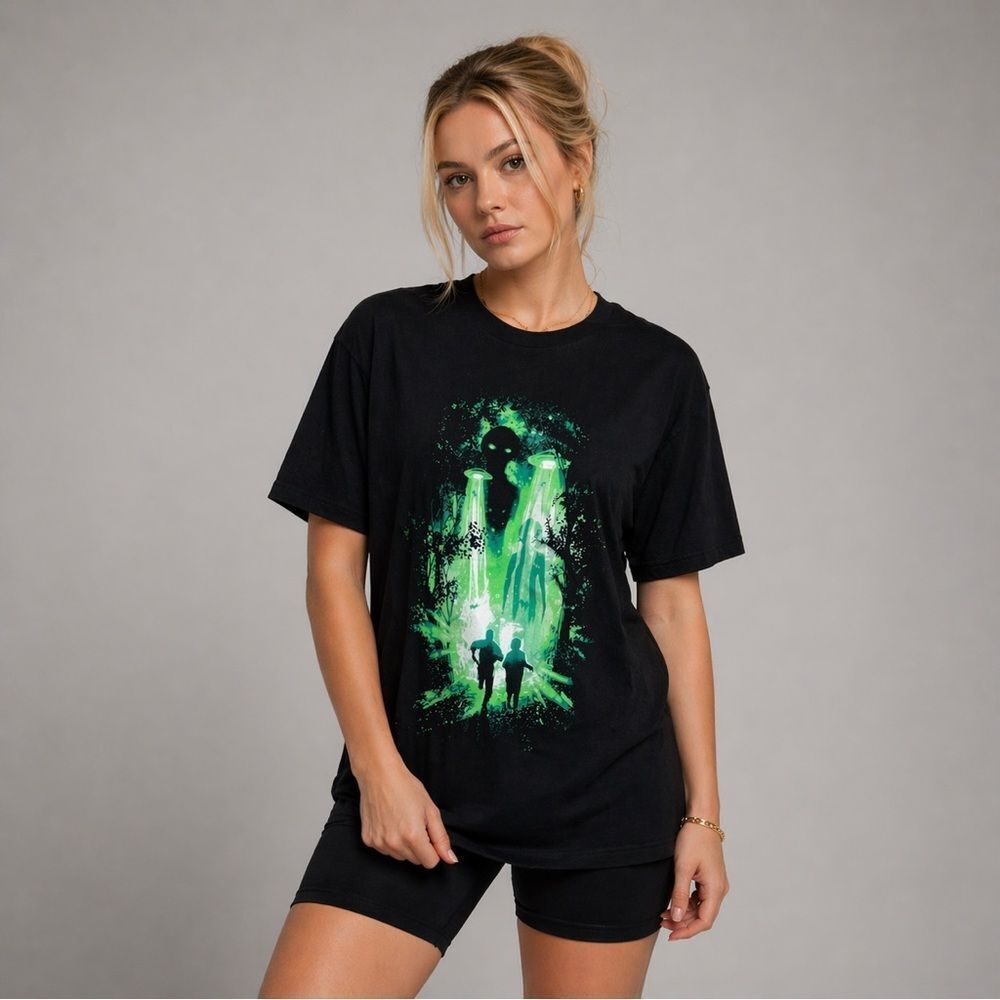 The X Files Black Graphic Tee Shirt with Neon Green Alien Scenes 100% Cotton L
